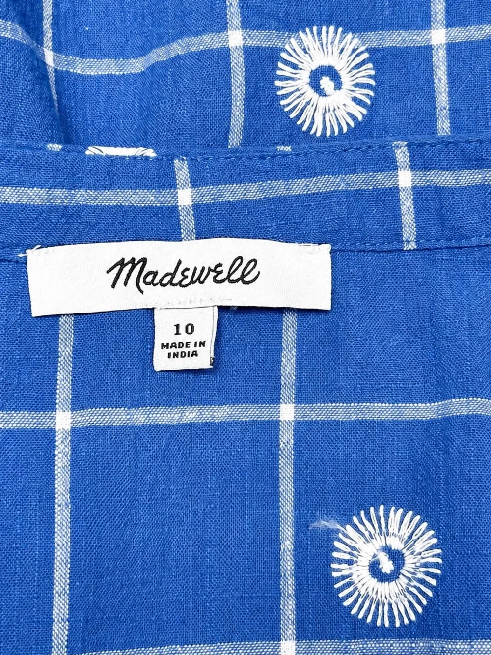Madewell Blue Embroidered Plaid Puff Sleeve Smocked Top Size 10